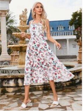 Floral White Midi Sundress with Pink & Green Print